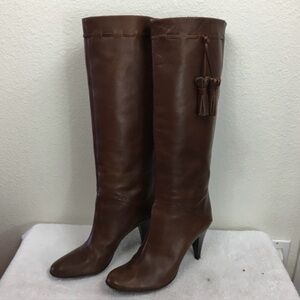 Saks Fifth Avenue Womens Brown Smooth Leather Knee High Tassel Heel Boot Size 9